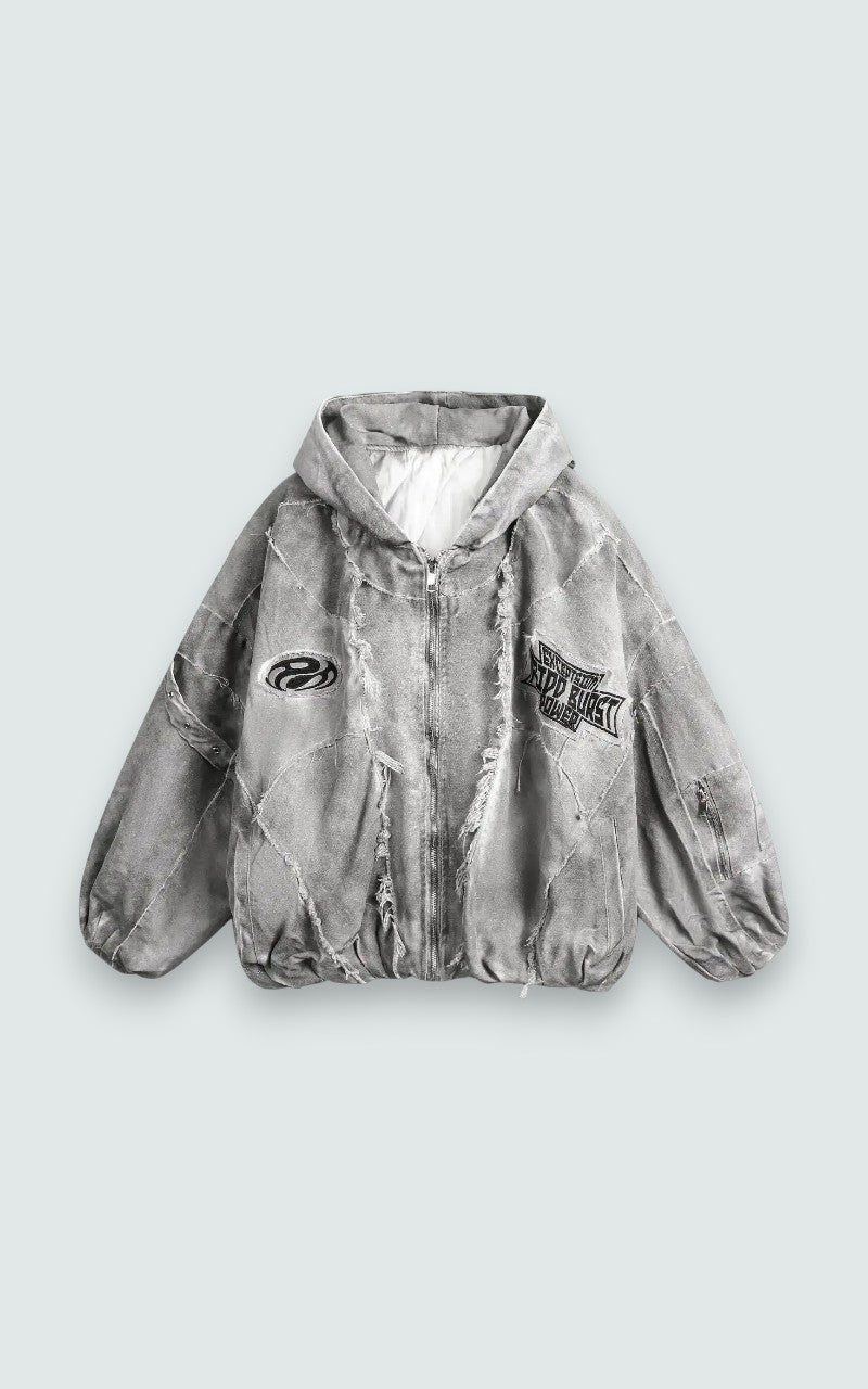 Distressed Patchwork Zip Hoodie