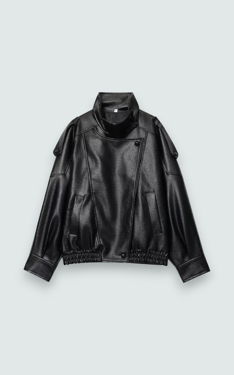 Modern Faux Leather Mandarin Collar Jacket