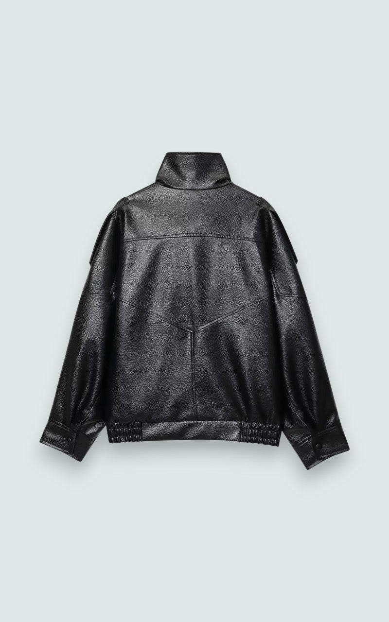 Modern Faux Leather Mandarin Collar Jacket