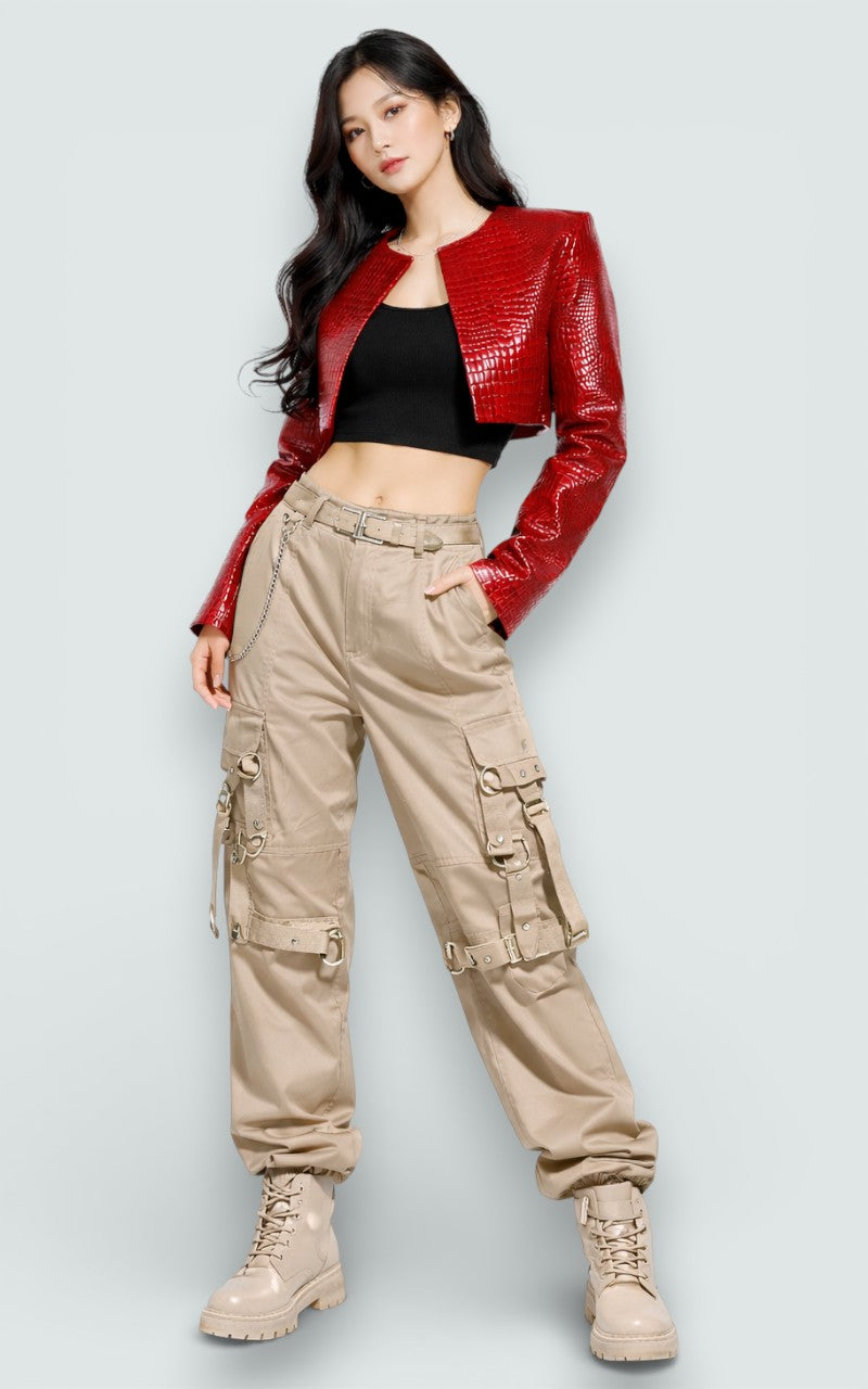 Textured Faux Leather Cropped Punk Jacket