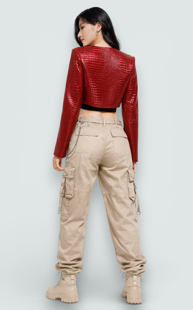 Textured Faux Leather Cropped Punk Jacket