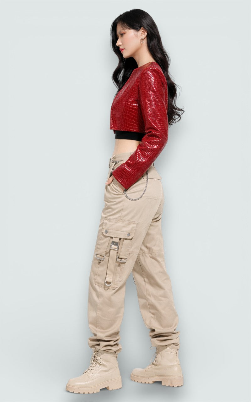 Textured Faux Leather Cropped Punk Jacket