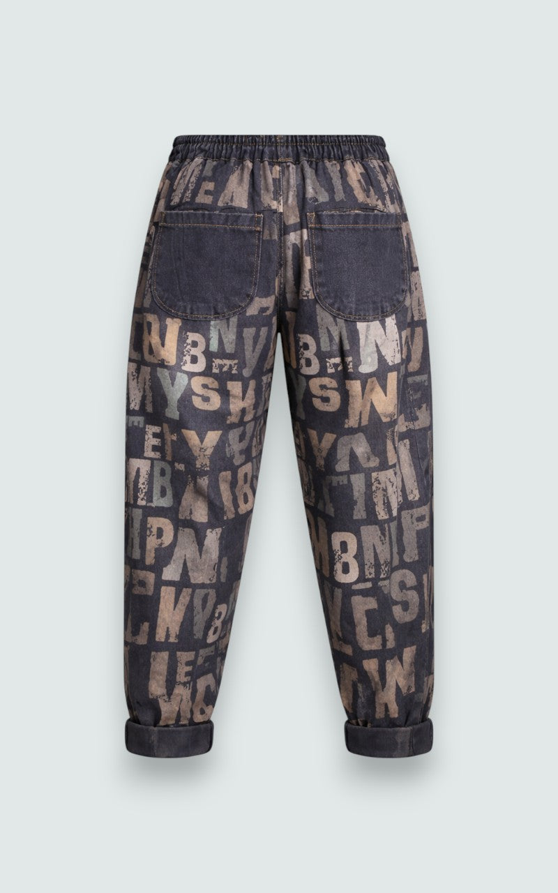 Distressed Letter Print Harem Denim Pants