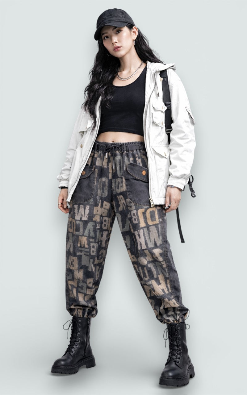 Distressed Letter Print Harem Denim Pants