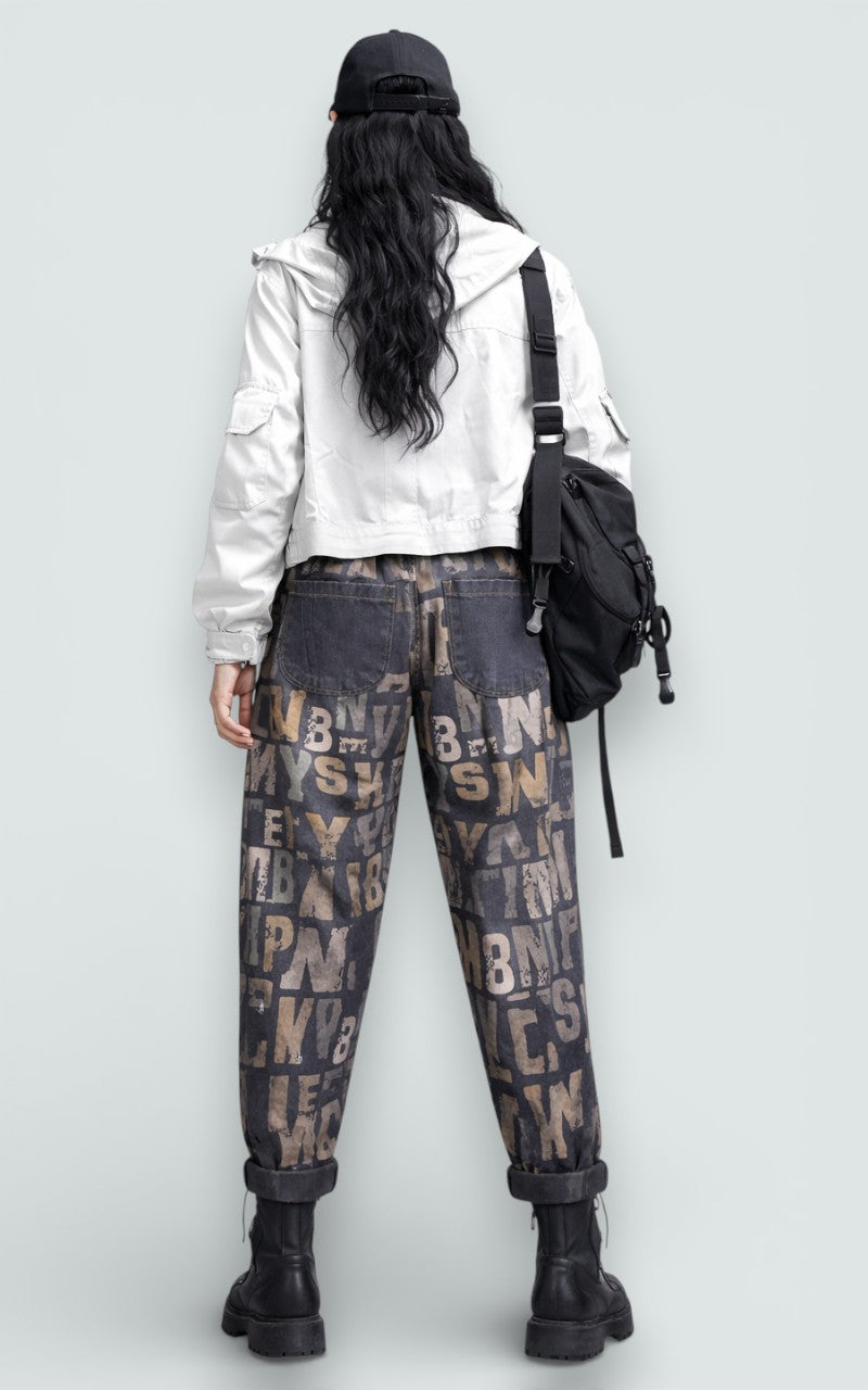 Distressed Letter Print Harem Denim Pants