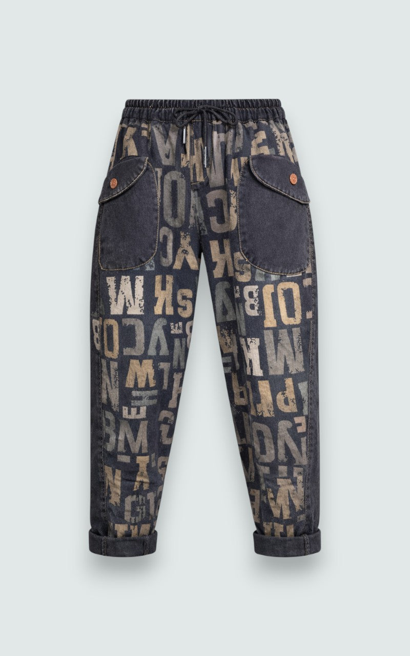 Distressed Letter Print Harem Denim Pants