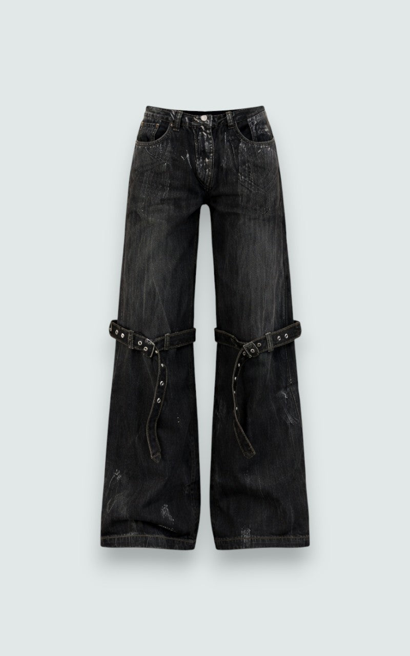 Vintage Strap-Detail Wide Leg Denim Pants