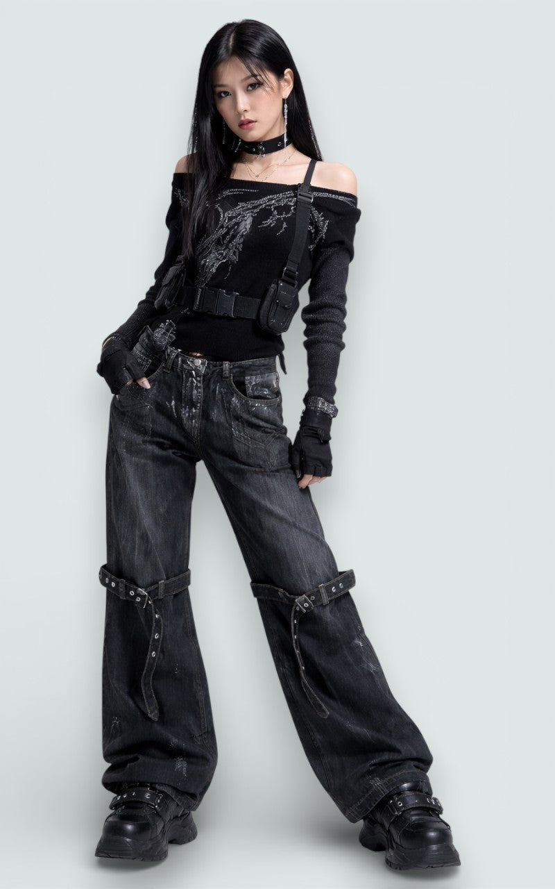 Vintage Strap-Detail Wide Leg Denim Pants