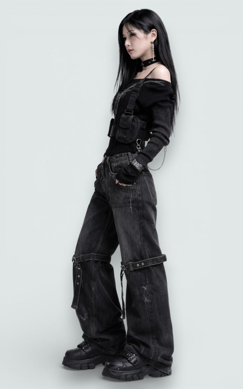 Vintage Strap-Detail Wide Leg Denim Pants