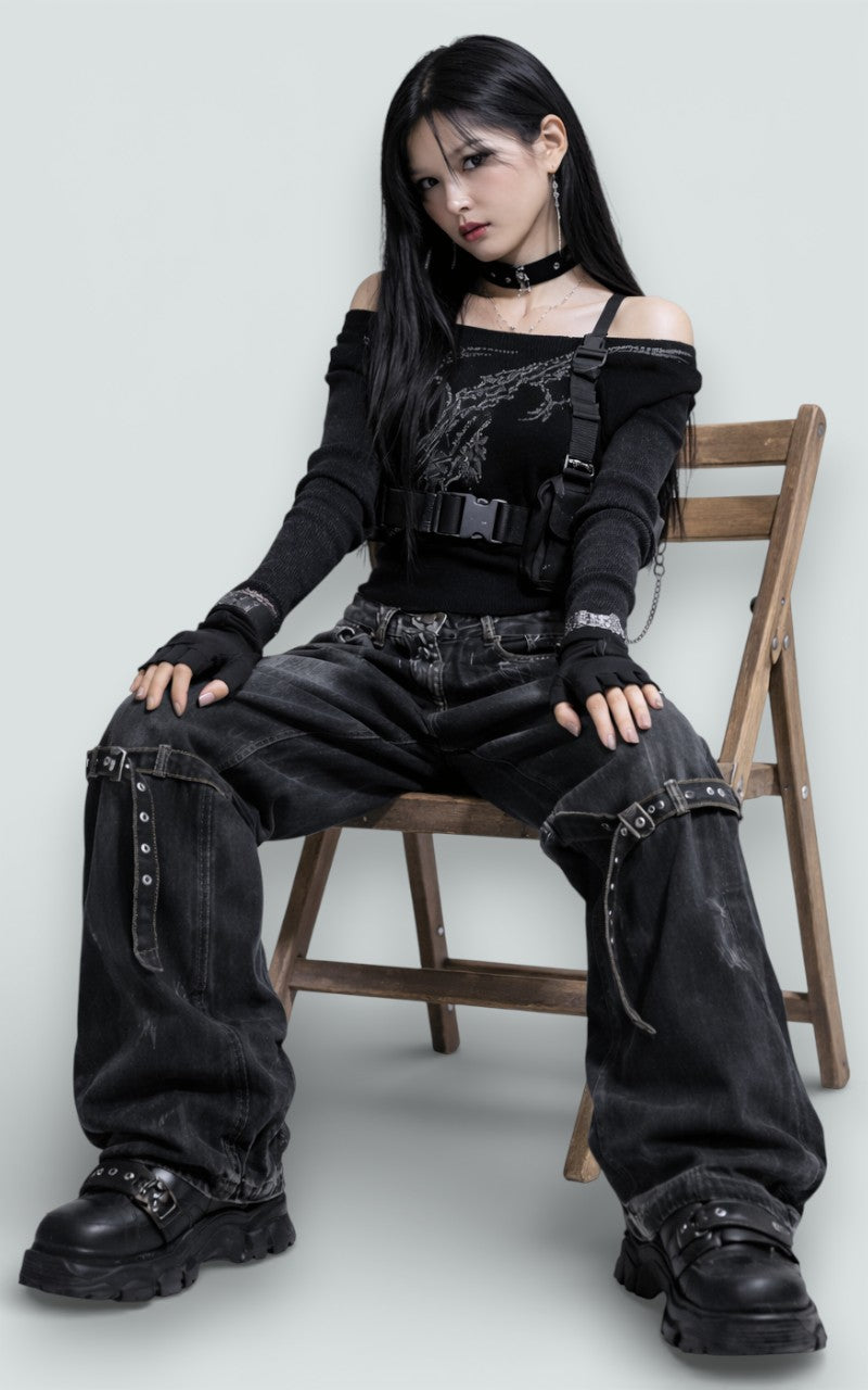 Vintage Strap-Detail Wide Leg Denim Pants