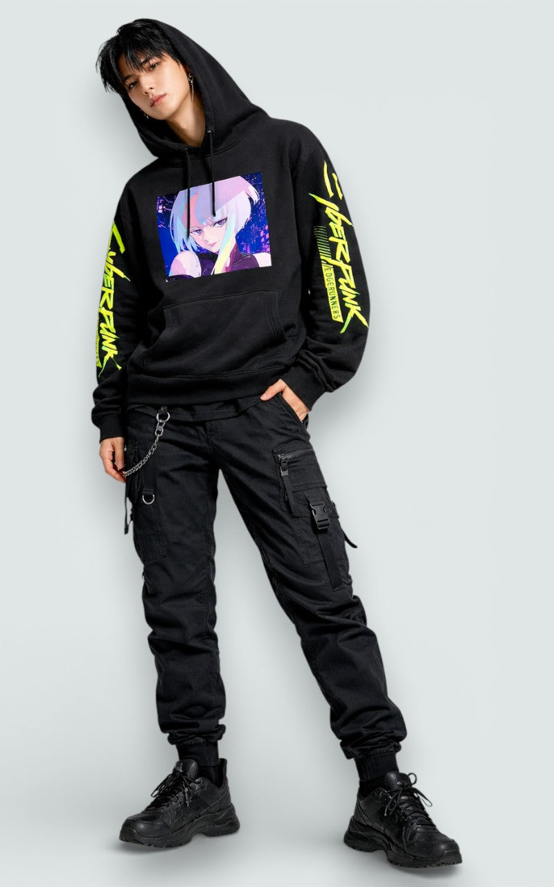 Neon Anime Graphic Fleece Hoodie