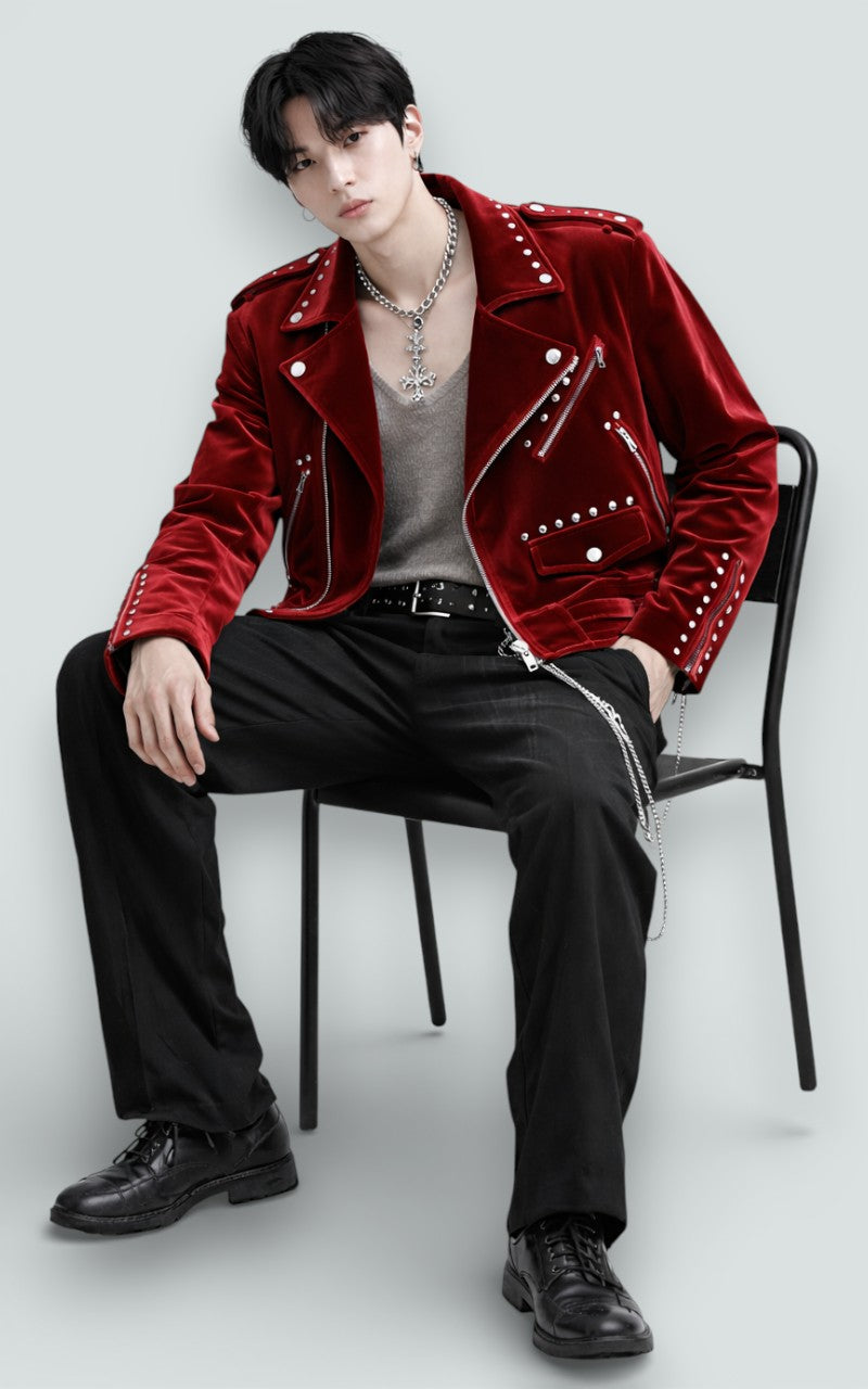 Studded Velvet Moto Biker Jacket