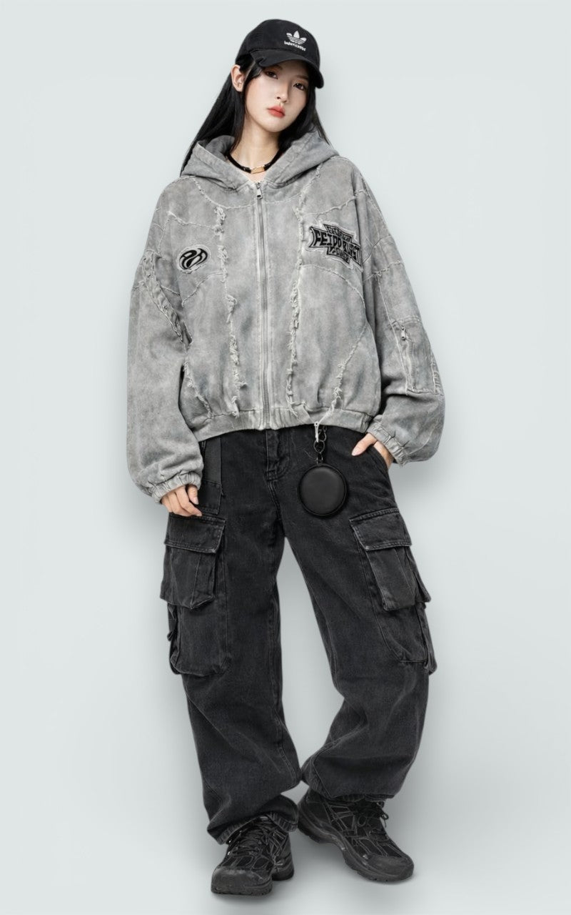 Distressed Patchwork Zip Hoodie