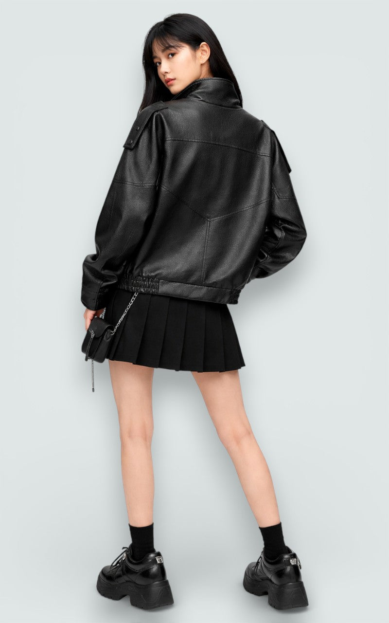Modern Faux Leather Mandarin Collar Jacket