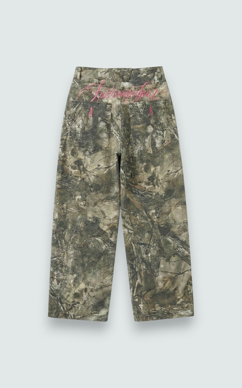 Woodland Pattern Wide-Leg Denim Jeans